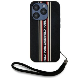 Karl Lagerfeld Saffiano Athleisure Stripes Cord iPhone 15 Pro bőr hátlap tok - fekete/piros