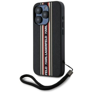Karl Lagerfeld Saffiano Athleisure Stripes Cord iPhone 15 Pro Max bőr hátlap tok - fekete/piros