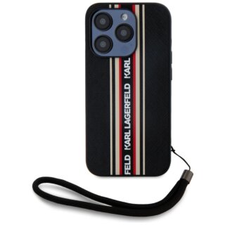 Karl Lagerfeld Saffiano Athleisure Stripes Cord iPhone 15 Pro Max bőr hátlap tok - fekete/piros