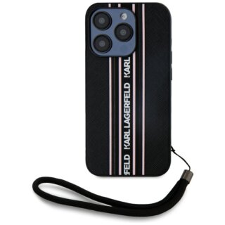 Karl Lagerfeld Saffiano Athleisure Stripes Cord iPhone 15 Pro Max bőr hátlap tok - fekete/rózsaszín