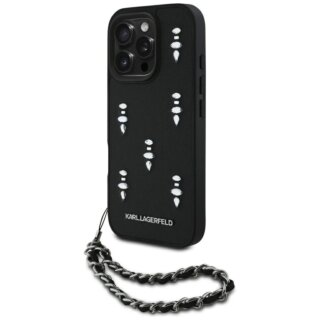 Karl Lagerfeld Saffiano Crystals iPhone 16 Pro bőr hátlap tok + csuklópánt - fekete