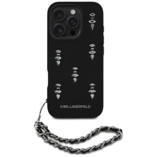 Karl Lagerfeld Saffiano Crystals iPhone 16 Pro bőr hátlap tok + csuklópánt - fekete