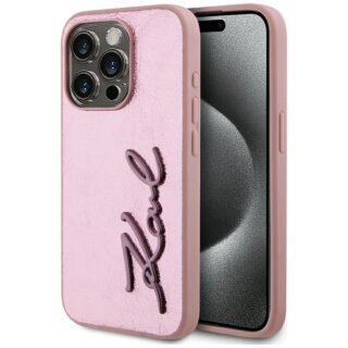 Karl Lagerfeld Wrinkled Metal Signature iPhone 15 Pro bőr hátlap tok - rózsaszín