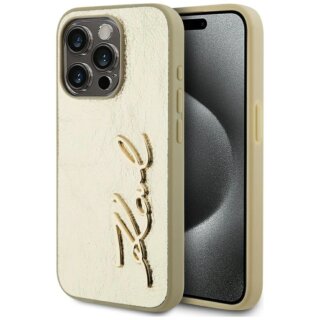 Karl Lagerfeld Wrinkled Metal Signature iPhone 15 Pro bőr hátlap tok - arany