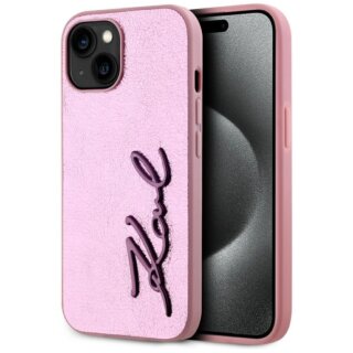 Karl Lagerfeld Wrinkled Metal Signature iPhone 15 bőr hátlap tok - rózsaszín