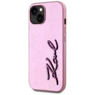 Karl Lagerfeld Wrinkled Metal Signature iPhone 15 bőr hátlap tok - rózsaszín