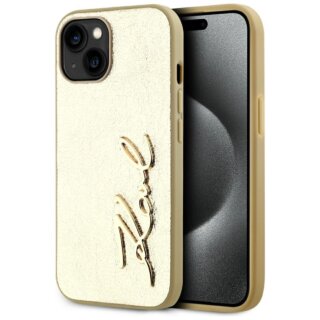 Karl Lagerfeld Wrinkled Metal Signature iPhone 15 bőr hátlap tok - arany