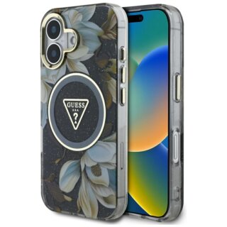Guess Glitter Flowers Triangle Buttons MagSafe iPhone 16 kemény hátlap tok - virágos/fekete