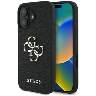 Guess Grained Big 4G Logo Small Classic Logo iPhone 16 bőr hátlap tok - fekete