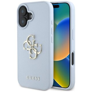 Guess Grained Big 4G Logo Small Classic Logo iPhone 16 bőr hátlap tok - kék