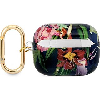 Guess GUAPHHFLB Apple AirPods Pro 1 szilikon tok + karabíner - kék/virágos