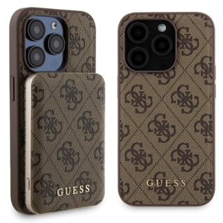 Guess GUBPM5P15X4GEMGW MagSafe iPhone 15 Pro Max bőr hátlap tok + powerbank 5000mAh - barna