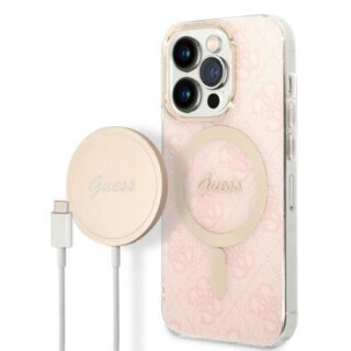 Guess GUBPP14LH4EACSP MagSafe iPhone 14 Pro kemény hátlap tok + MagSafe töltő - rózsaszín