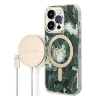 Guess GUBPP14LHJEACSA MagSafe iPhone 14 Pro kemény hátlap tok + MagSafe töltő - zöld