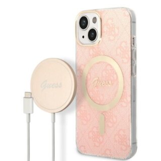 Guess GUBPP14MH4EACSP MagSafe iPhone 14 Plus / 15 Plus kemény hátlap tok + MagSafe töltő - rózsaszín