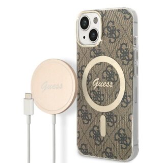 Guess GUBPP14MH4EACSW MagSafe iPhone 14 Plus / 15 Plus kemény hátlap tok + MagSafe töltő - barna