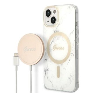 Guess GUBPP14MHMEACSH MagSafe iPhone 14 Plus / 15 Plus kemény hátlap tok + MagSafe töltő - fehér