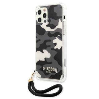 Guess Camo GUHCP12MKSARBK iPhone 12 / 12 Pro kemény hátlap tok + csuklópánt - fekete/szürke