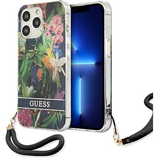 Guess Flower Strap GUHCP13LHFLSB iPhone 13 Pro szilikon hátlap tok + csuklópánt - zöld/virágos