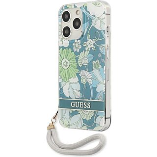 Guess Flower Strap GUHCP13LHFLSN iPhone 13 Pro szilikon hátlap tok + csuklópánt - kék/virágos