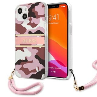 Guess Camo GUHCP13MKCABPI iPhone 13 kemény hátlap tok + csuklópánt - fekete/rózsaszín