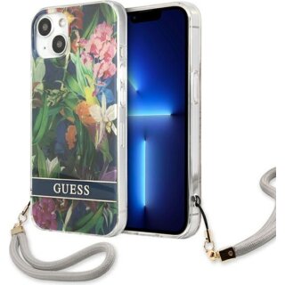 Guess Flower Strap GUHCP13SHFLSB iPhone 13 mini szilikon hátlap tok + csuklópánt - zöld/virágos
