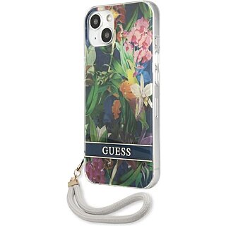 Guess Flower Strap GUHCP13SHFLSB iPhone 13 mini szilikon hátlap tok + csuklópánt - zöld/virágos