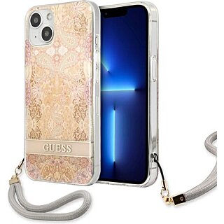 Guess Flower Strap GUHCP13SHFLSD iPhone 13 mini szilikon hátlap tok + csuklópánt - arany/virágos