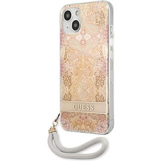 Guess Flower Strap GUHCP13SHFLSD iPhone 13 mini szilikon hátlap tok + csuklópánt - arany/virágos