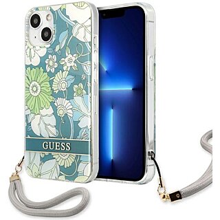 Guess Flower Strap GUHCP13SHFLSN iPhone 13 mini szilikon hátlap tok + csuklópánt - kék/virágos