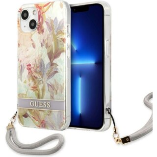 Guess Flower Strap GUHCP13SHFLSU iPhone 13 mini szilikon hátlap tok + csuklópánt - lila/virágos