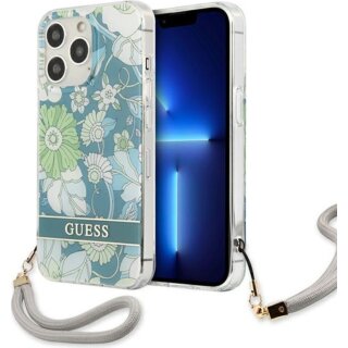 Guess Flower Strap GUHCP13XHFLSN iPhone 13 Pro Max szilikon hátlap tok + csuklópánt - kék/virágos