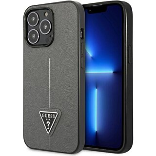 Guess Saffiano Triangle GUHCP13XPSATLG iPhone 13 Pro Max bőr hátlap tok - ezüst