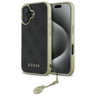 Guess GUHCP16MGF4GGR iPhone 16 Plus bőr tok + medál - fekete