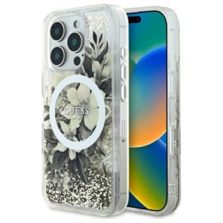 Guess GUHMP16LLFMWTE MagSafe iPhone 16 Pro kemény hátlap tok - virágos/csillámos/bézs