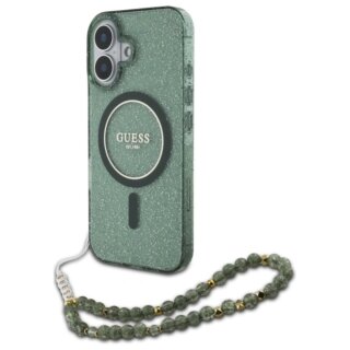 Guess GUHMP16MHGCRELSA MagSafe iPhone 16 Plus kemény hátlap tok + csuklópánt - zöld/csillámos