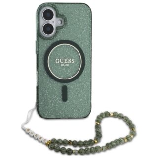 Guess GUHMP16MHGCRELSA MagSafe iPhone 16 Plus kemény hátlap tok + csuklópánt - zöld/csillámos