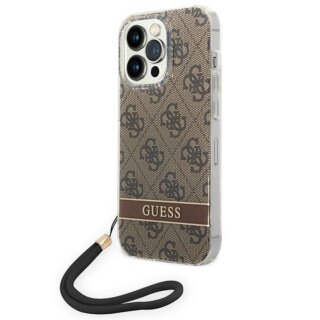 Guess 4G Print Strap GUOHCP14LH4STW iPhone 14 Pro kemény hátlap tok + csuklópánt - barna