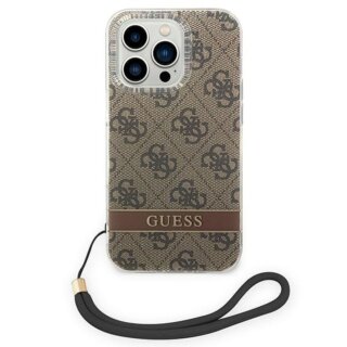 Guess 4G Print Strap GUOHCP14LH4STW iPhone 14 Pro kemény hátlap tok + csuklópánt - barna