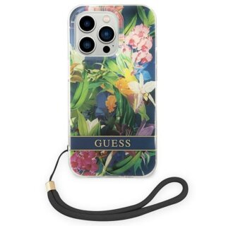 Guess Flower Strap GUOHCP14LHFLSB iPhone 14 Pro szilikon hátlap tok + csuklópánt - zöld/virágos