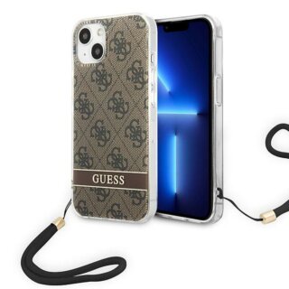 Guess 4G Print Strap GUOHCP14MH4STW iPhone 14 Plus kemény hátlap tok + csuklópánt - barna