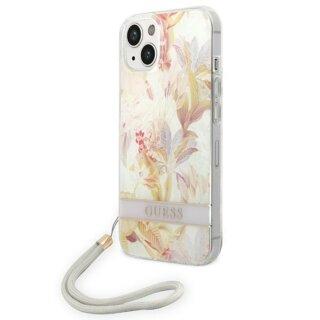 Guess Flower Strap GUOHCP14MHFLSU iPhone 14 Plus szilikon hátlap tok + csuklópánt - fehér/virágos
