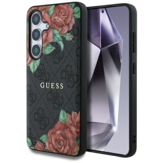 Guess Leather 4G Flowers Print Metal Classic MagSafe Samsung Galaxy S25 bőr hátlap tok - virágos/fekete