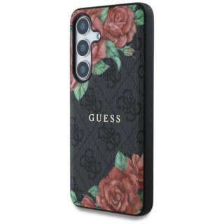 Guess Leather 4G Flowers Print Metal Classic MagSafe Samsung Galaxy S25 bőr hátlap tok - virágos/fekete