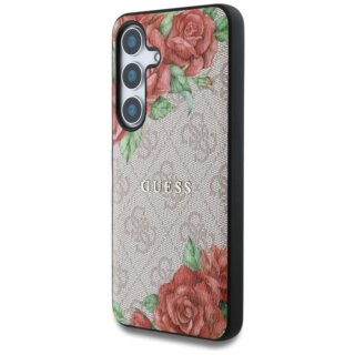 Guess Leather 4G Flowers Print Metal Classic MagSafe Samsung Galaxy S25 bőr hátlap tok - virágos/rózsaszín