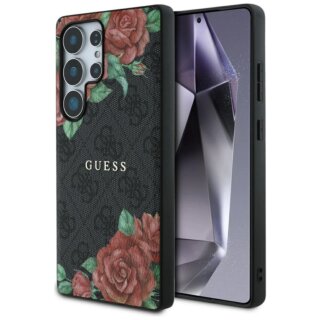 Guess Leather 4G Flowers Print Metal Classic MagSafe Samsung Galaxy S25 Ultra bőr hátlap tok - virágos/fekete