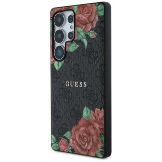 Guess Leather 4G Flowers Print Metal Classic MagSafe Samsung Galaxy S25 Ultra bőr hátlap tok - virágos/fekete