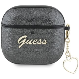 Guess Metallic Script Charm Apple AirPods 4 bőr tok + medál - fekete