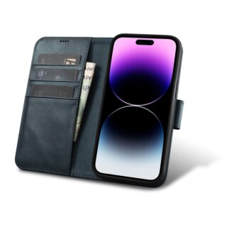 iCarer Oil Wax Wallet Anti-RFID 2in1 iPhone 14 Pro kinyitható és kivetető bőr tok - kék