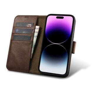 iCarer Oil Wax Wallet Anti-RFID 2in1 iPhone 14 Pro Max kinyitható és kivetető bőr tok - barna
